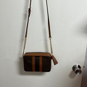 Michael Kors Ginny Medium Logo Stripe Crossbody Bag with tassle.